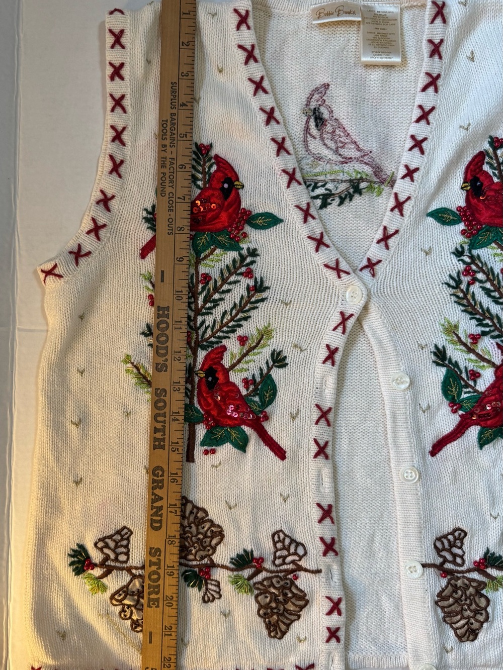 Bobbie Brooks White Embroidered Cardinal & Pinecone V-Neck Sweater Vest - Picture 12 of 13
